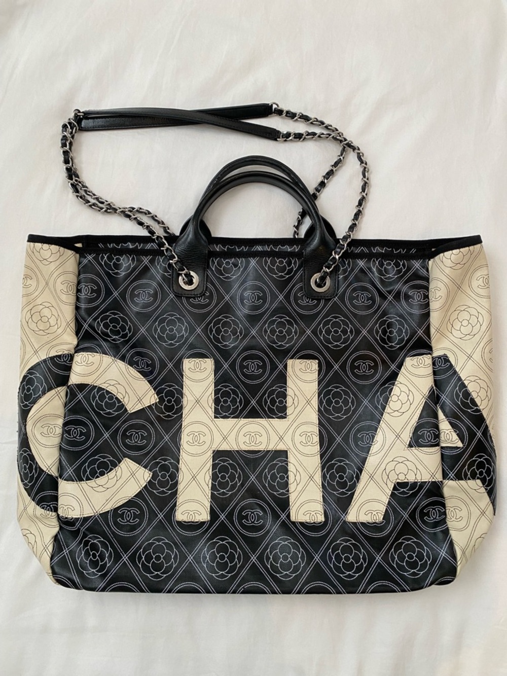 CHANEL Large Deauville Camellia Shopping Coated Canvas Tote Bag Black Beige✨
